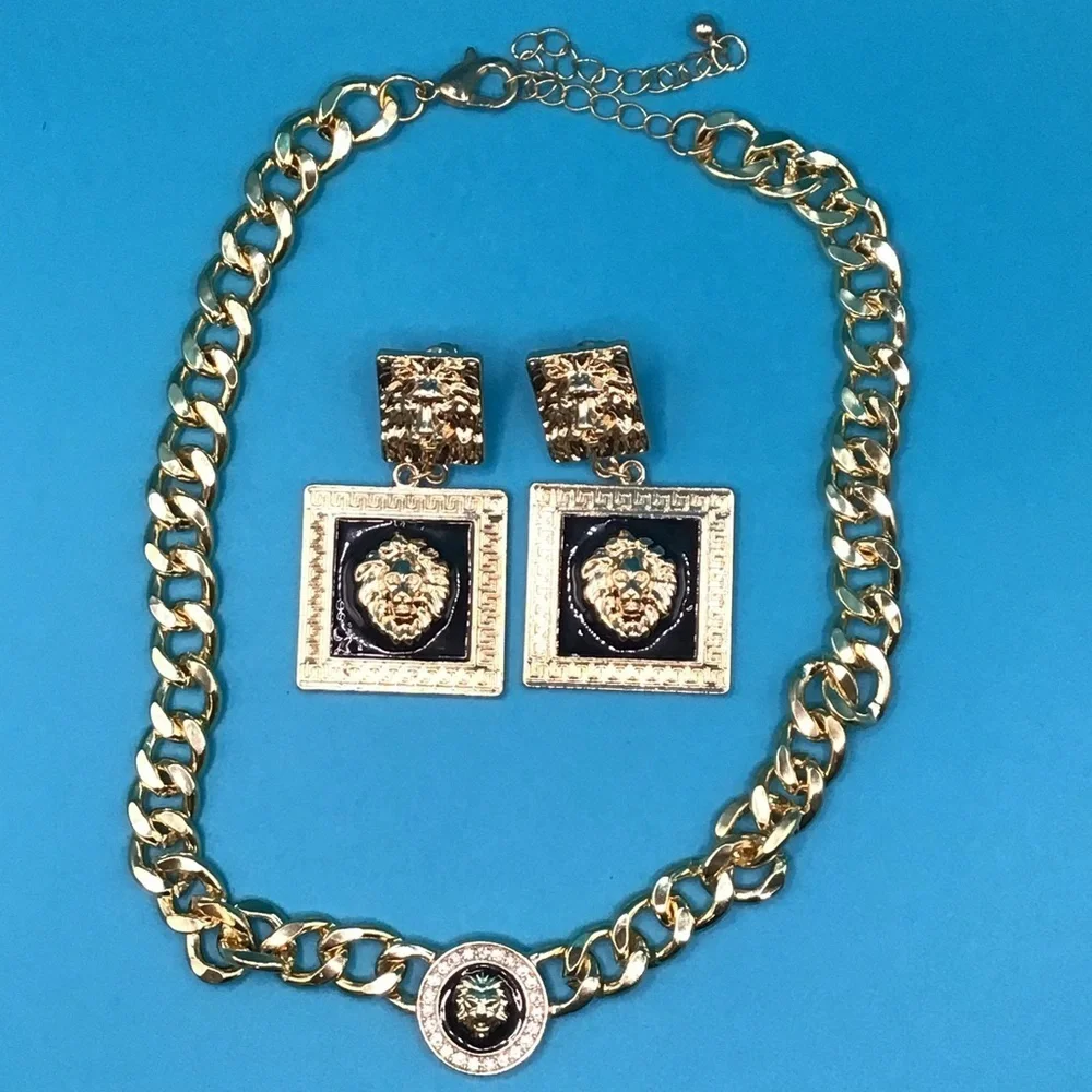 Lion Motif Gold Necklace & Earrings New Without Tags